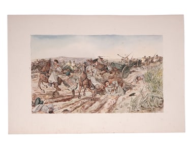 A SIGNED H. SATTLER WATERCOLOR, RETREAT OF THE RUSSIANS, RUSSO-JAPANESE WAR, 1909