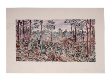 A SIGNED H. SATTLER WATERCOLOR, GERMAN INFANTRY CHARGE IN BOROWO, POLAND 1914, WW1, 1924