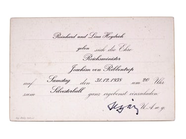 A SIGNED REINHARD HEYDRICH NEW YEAR'S BALL INVITATION TO VON RIBBENTROP DEC 31, 1938
