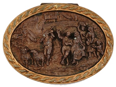 A GILT-BRONZE LIDDED BOX WITH A CAST-BRONZE MINIATURE, 19TH CEN.