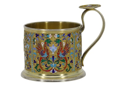 A RUSSIAN GILT SILVER AND ENAMEL GLASS HOLDER "FR"