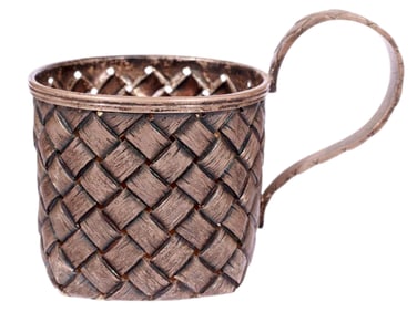 A RUSSIAN SILVER TEA GLASS HOLDER AS A WOVEN BASKET