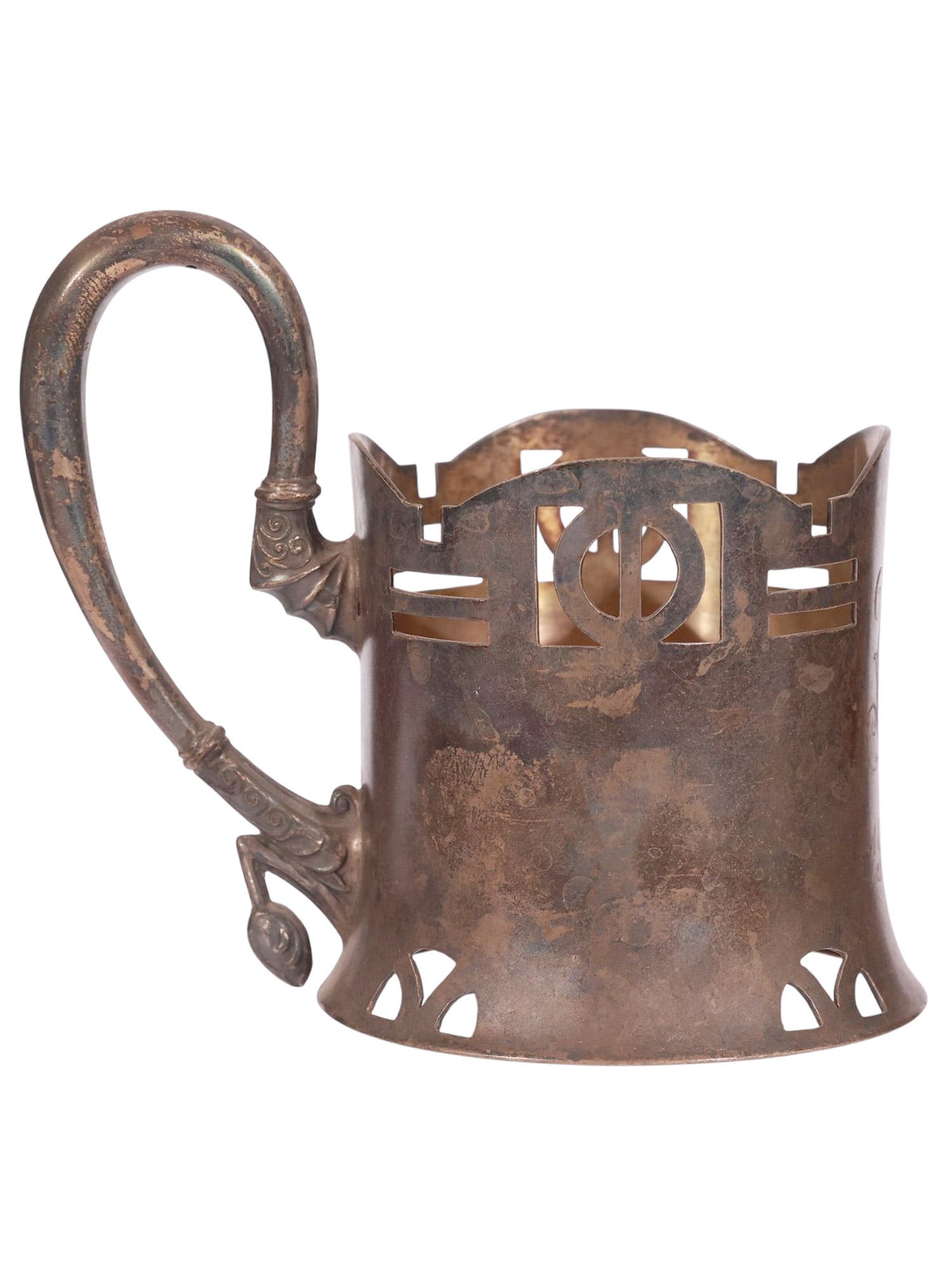 A RUSSIAN ART NOUVEAU SILVER TEA-GLASS HOLDER: Of elegant flaring cylindrical form with openwork cut geometric decoration in the Art Nouveau taste, the upper rim featuring stylized architectural cutouts and the lower section pierced with arched mo