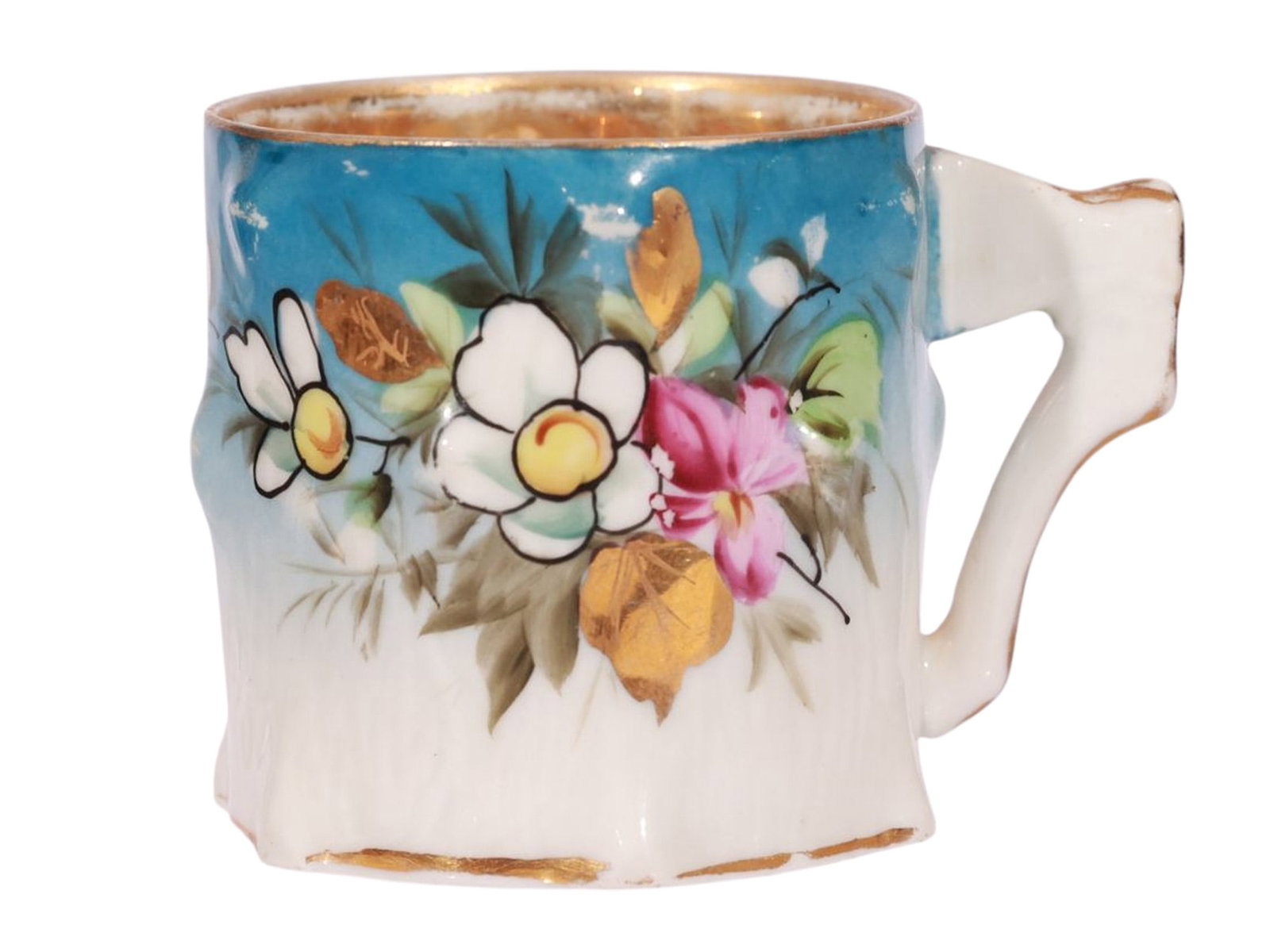 A KUZNETSOV GILT AND PAINTED PORCELAIN COFFEE CUP: A finely modeled porcelain coffee cup by the Kuznetsov Porcelain Factory, decorated with a hand-painted floral composition featuring white and pink blossoms with gilt foliage on a turquoise-blue groun