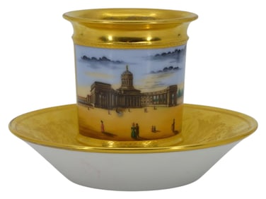 A RUSSIAN IMPERIAL PORCELAIN FACTORY CUP AND SAUCER WITH A VIEW OF KAZANSKY CATHEDRAL, 1810