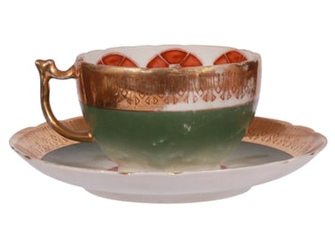 A RUSSIAN GARDNER PORCELAIN ART NOUVEAU HAND-PAINTED AND GILT TEA CUP AND SAUCER, 19TH CEN.