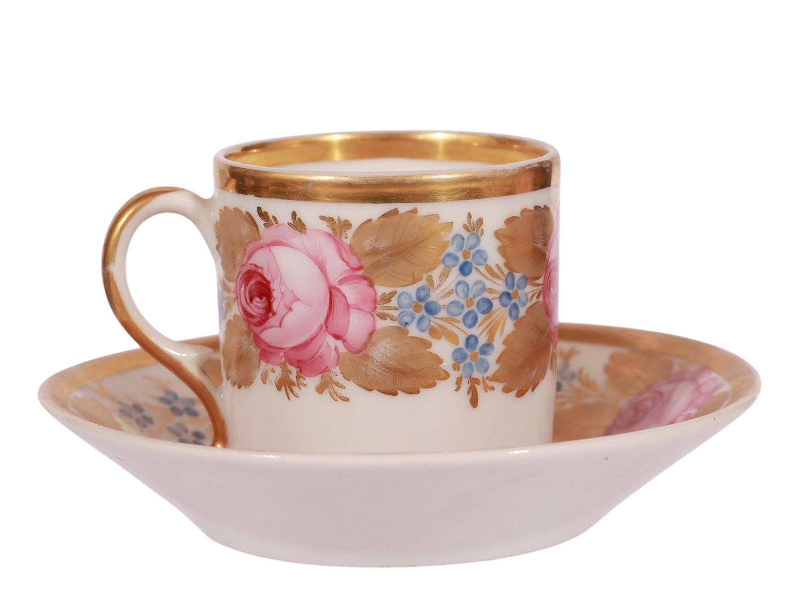 A RUSSIAN GILT AND HAND-PAINTED PORCELAIN COFFEE CUP AND SAUCER, 19 C.: A finely decorated cylindrical porcelain coffee cup, hand-painted with a continuous floral garland of pink roses and blue forget-me-nots with gilt foliage on a white ground. The rim, handle, and foot 