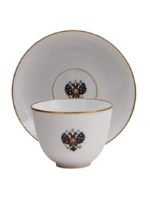 A LARGE RUSSIAN IMPERIAL PORCELAIN FACTORY CUP AND SAUCER, 1914