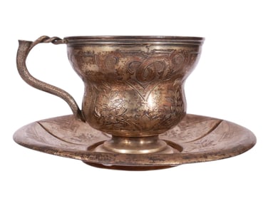 A RUSSIAN GILT-SILVER CHOCOLATE CUP AND SAUCER WITH ENGRAVED PATTERNS, 19TH CEN.