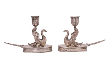 A PAIR OF RUSSIAN SILVER SWAN-FORM CANDLESTICK HOLDERS, GOTTHARD FERDINAND STANG, ST PETERSBURG,