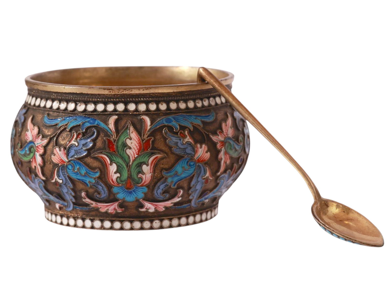 A LARGE RUSSIAN GILT-SILVER AND CLOISONNE ENAMEL SALT CELLAR WITH SPOON (1 of 7)