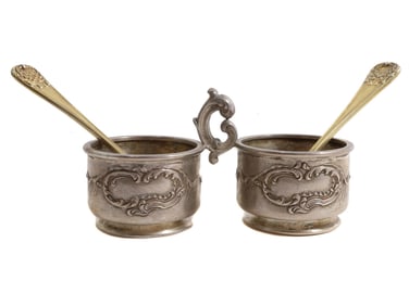 A RUSSIAN FABERGE GILT-SILVER DOUBLE-BOWL SALT CELLAR WITH SPOONS