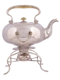 A RUSSIAN PARCEL-GILT SILVER TEAPOT WITH BURNER AND STAND, ST. PETERSBURG, 1849