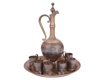 A RUSSIAN ART NOUVEAU SILVER VODKA EWER SET, 8 PCS.