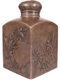 A LARGE RUSSIAN SILVER TEA CADDY WITH FLORAL DECORATION