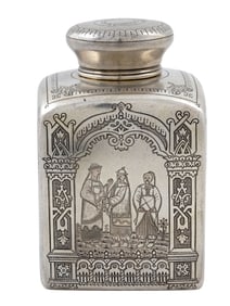 A RUSSIAN SILVER CHINOISERIE TEA CADDY WITH SCENES FROM LIFE, 1886