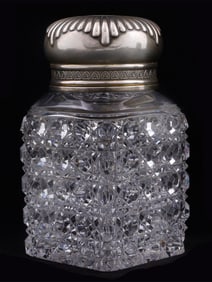 A RUSSIAN CUT-GLASS AND SILVER TEA CADDY, 1908-17