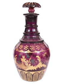 A RUSSIAN HAND-PAINTED AND GILT AMETHYST GLASS DECANTER, 19TH CEN.