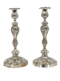 A PAIR OF ANTIQUE RUSSIAN SILVER CANDLESTICKS, 1857