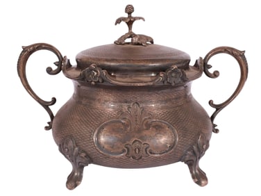 A LARGE RUSSIAN PARCEL-GILT SILVER TWO-HANDLED COVERED BOWL