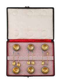 A SET OF 6 RUSSIAN SILVER AND ENAMEL SALTS BY KLINGERT, 1880