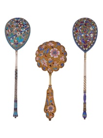 A SET OF THREE LARGE RUSSIAN GILT SILVER AND CLOISONNÉ ENAMEL SPOONS