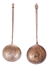 A LOT OF TWO RUSSIAN PARCEL-GILT SILVER SPOONS IN THE PAN-SLAVIC STYLE