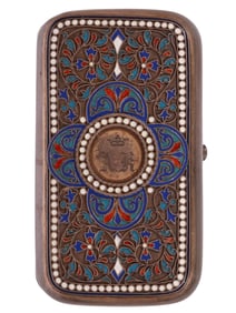 A RUSSIAN GILT-SILVER AND CLOISONNE ENAMEL CIGARETTE CASE BY KHLEBNIKOV, LATE 19TH CEN.
