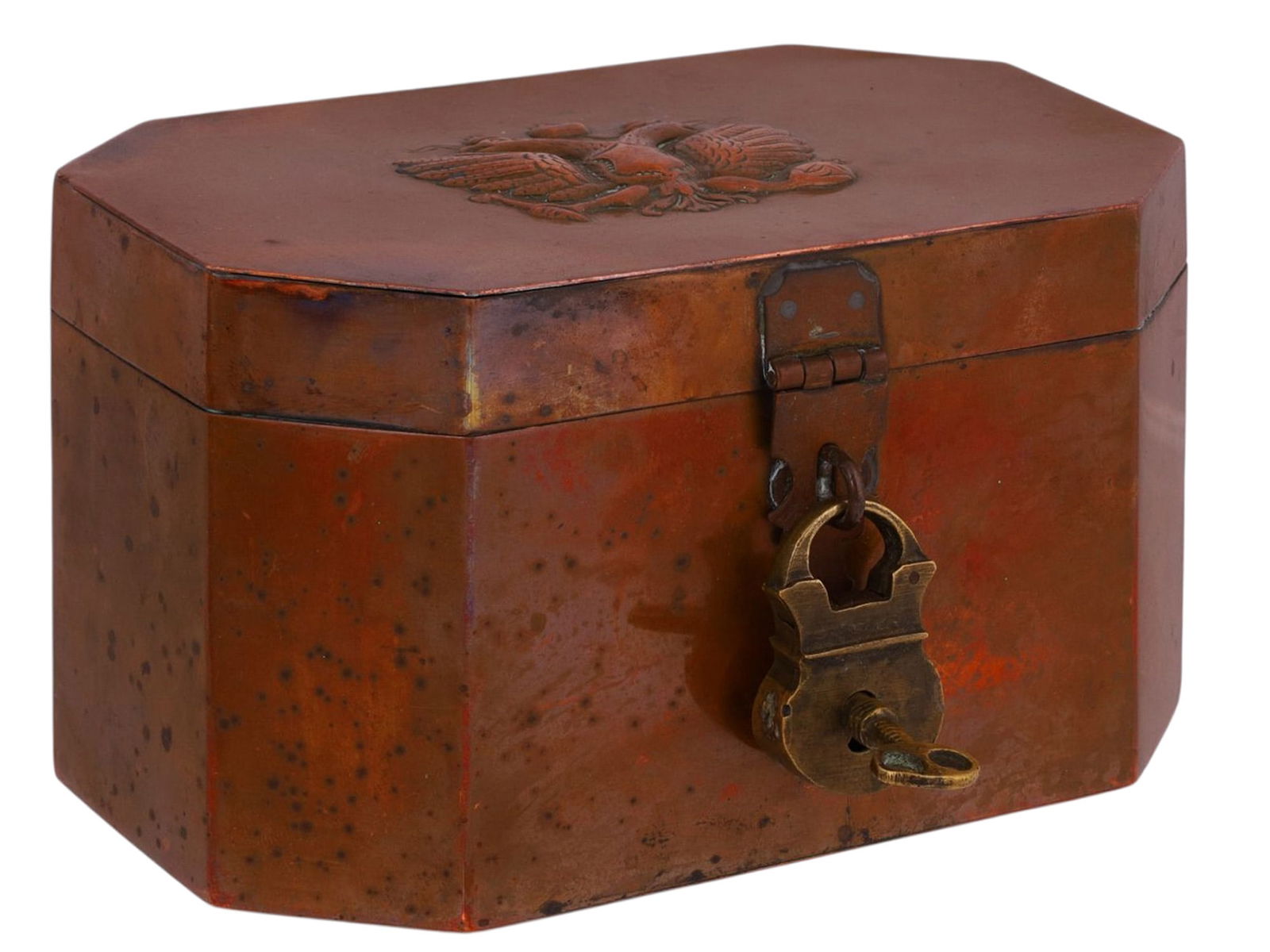A RUSSIAN IMPERIAL ARMY COPPER LIDDED BOX WITH PADLOCK, CA. 1910 (1 of 7)