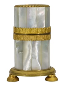 AN ENGRAVED MOTHER-OF-PEARL AND GILT-BRONZE CHINOISERIE LIDDED CONTAINER, 19TH CENTURY