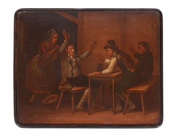 A RUSSIAN HAND-PAINTED LACQUERED LUKUTIN PAPIER MACHE CIGAR BOX