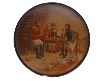 A RUSSIAN HAND-PAINTED LACQUERED WOOD BOX WITH A PEASANT SCENE