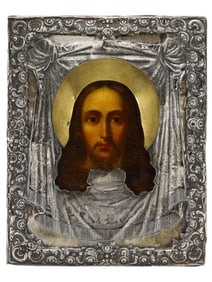 A RUSSIAN ICON OF CHRIST PONTACRATOR WITH SILVER OKLAD, 1859