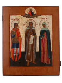 A RUSSIAN ORTHODOX ICON OF ST. ILYA, ST. GEORGE, AND ST. MARY, 19TH CENTURY