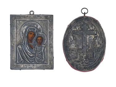 A LOT OF TWO RUSSIAN ORTHODOX SILVER OKLAD ICONS, 19TH CEN.