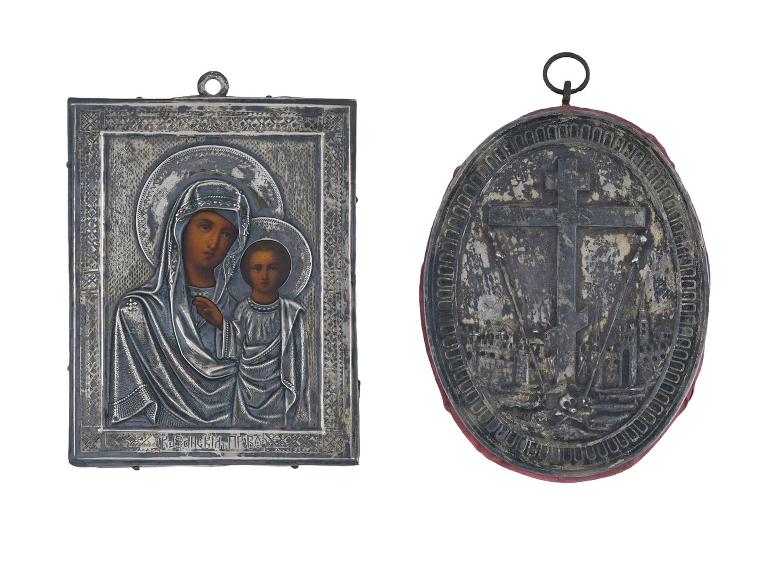 A LOT OF TWO RUSSIAN ORTHODOX SILVER OKLAD ICONS, 19TH CEN. (1 of 4)