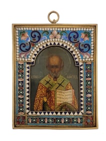 A RUSSIAN SILVER AND ENAMEL ICON OF NICHOLAS THE MIRACLEMAKER, CIRCA 1900