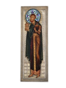 A CASED RUSSIAN ICON OF ST. PANTELEIMON, 19TH CEN.