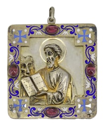 A MINIATURE PARCEL-GILT SILVER RUSSIAN ICON OF SAINT MARK WITH HIS GOSPEL, 19TH CEN.