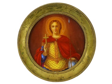 A RUSSIAN ICON OF ARCHANGEL MICHAEL ON PORCELAIN, 19TH CEN.
