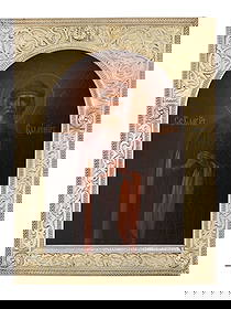 A RARE RUSSIAN ICON OF ST. VLADIMIR IN GILT-SILVER OKLAD BY VLADIMIROV: The frame (oklad) is executed in thick, finely engraved gilt silver by the important firm of Vladimirov. The piece is stamped with the workmaster's initials 'ED' as well as the 84 silver kokoshnik pro