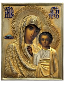 A RUSSIAN SILVER-GILT AND CLOISONNÉ ENAMELED ICON OF THE MOTHER OF GOD OF KAZAN BY S. GALKIN