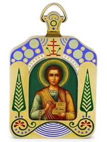 A RUSSIAN SILVER-GILT AND CLOISONNÉ ENAMELED TRAVEL ICON OF SAINT PANTELEIMON BY KHLEBNIKOV