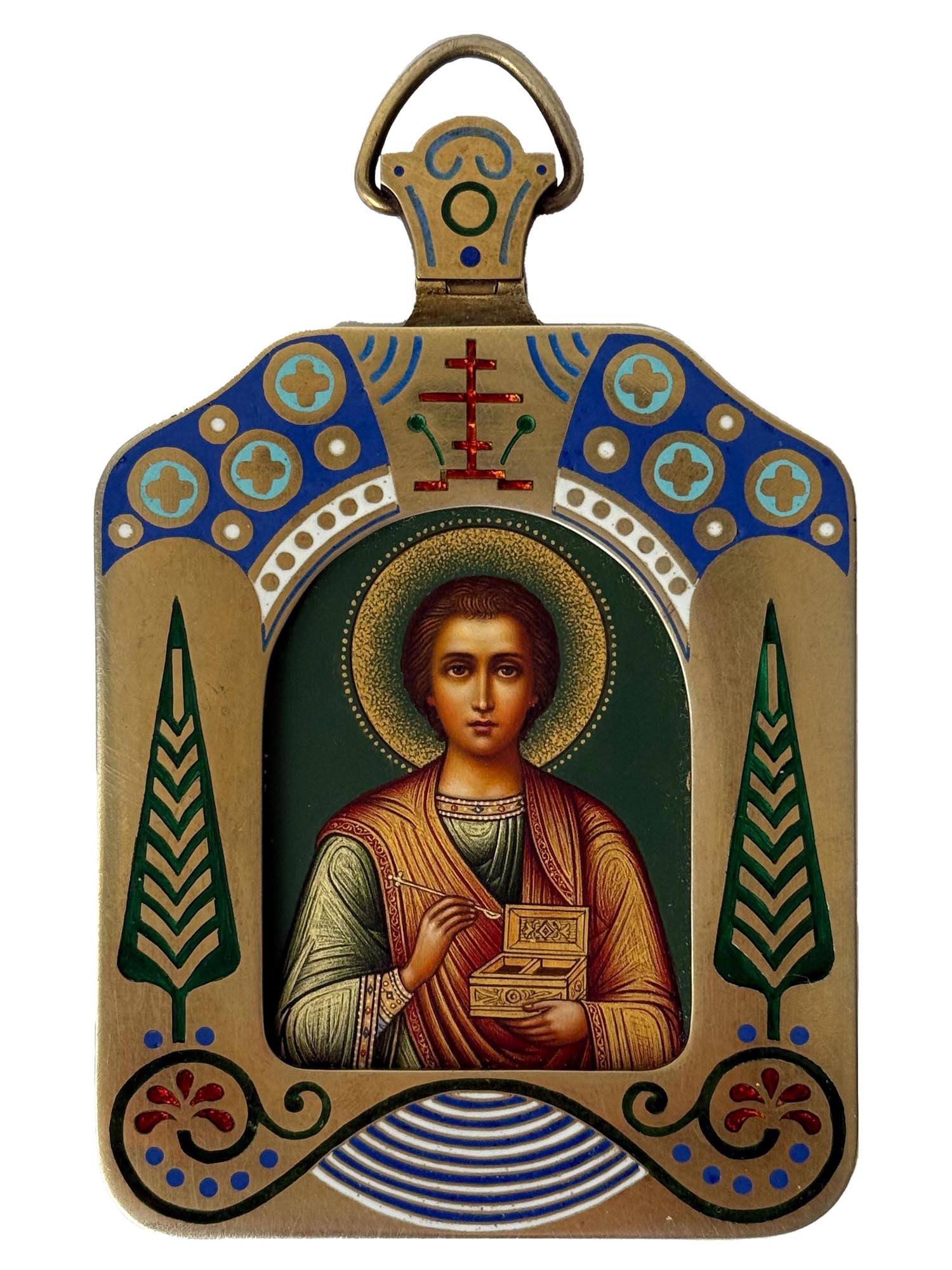 A RUSSIAN SILVER-GILT AND CLOISONNÉ ENAMELED TRAVEL ICON OF SAINT PANTELEIMON BY KHLEBNIKOV (1 of 6)