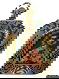 A RUSSIAN SILVER-GILT AND CLOISONNÉ ENAMELED TRAVEL ICON OF SAINT PANTELEIMON BY KHLEBNIKOV