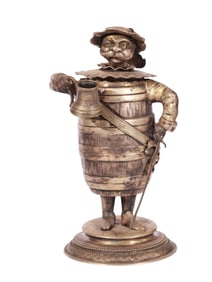 A CONTINENTAL SILVER FIGURAL SCULPTURE OF A MAN WEARING A BARREL