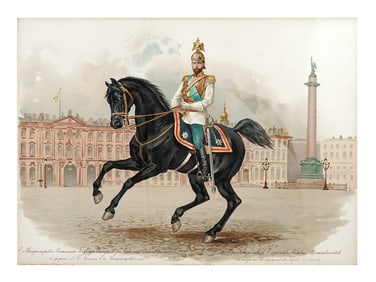 A RUSSIAN LITHOGRAPH, NICHOLAS II ON THE PALACE SQUARE IN ST. PETERSBURG, FRAMED