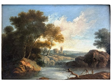 AN OIL ON PANEL LANDSCAPE FISHING SCENE, 18TH C.
