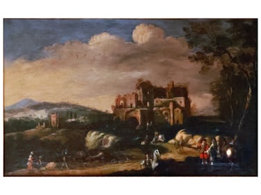 AN ITALIAN SCHOOL OLD MASTER PAINTING, LANDSCAPE WITH ROMAN RUINS, 17TH CEN.