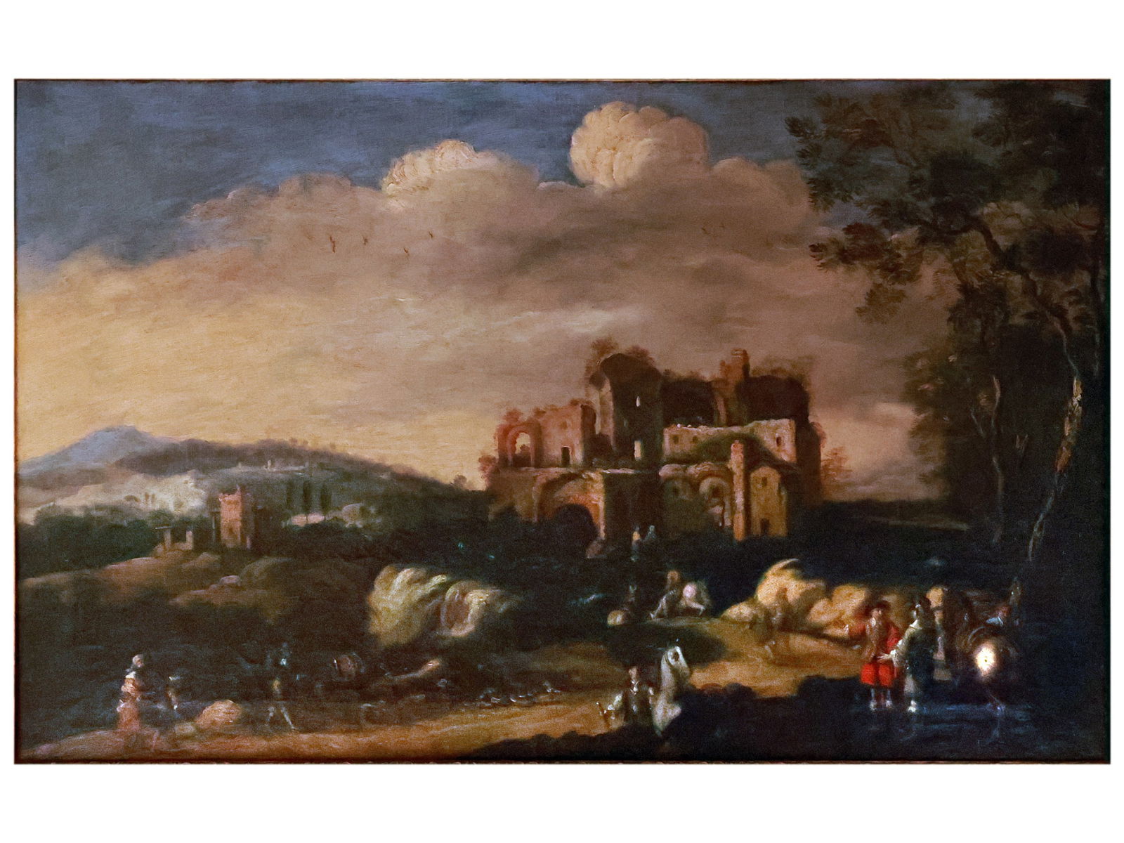 AN ITALIAN SCHOOL OLD MASTER PAINTING, LANDSCAPE WITH ROMAN RUINS, 17TH CEN. (1 of 3)